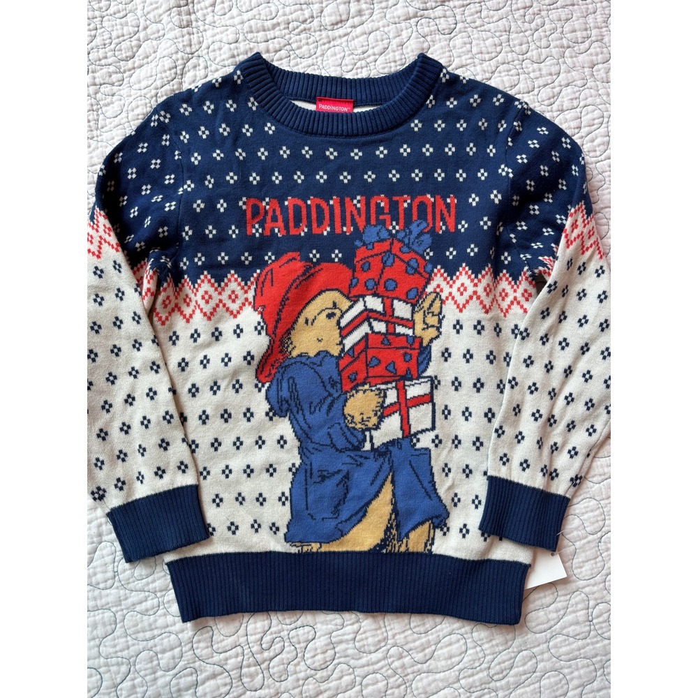 Paddington Bear Kids 5T Holiday Knit Sweater Navy Blue Gift Graphic Fair Isle